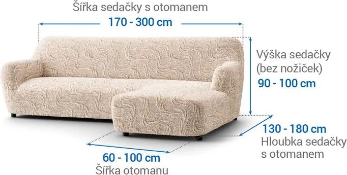 Bielastické poťahy BRILLANTE béžové sedačka s otomanom vpravo (š. 170 - 300 cm)