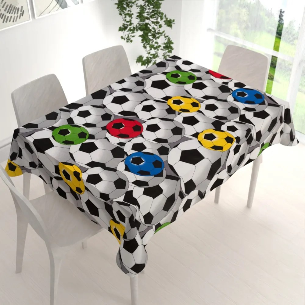 Biante Detský bavlnený obdĺžnikový obrus Sandra SA-580 Farebné a sivé futbalové lopty 140x180 cm