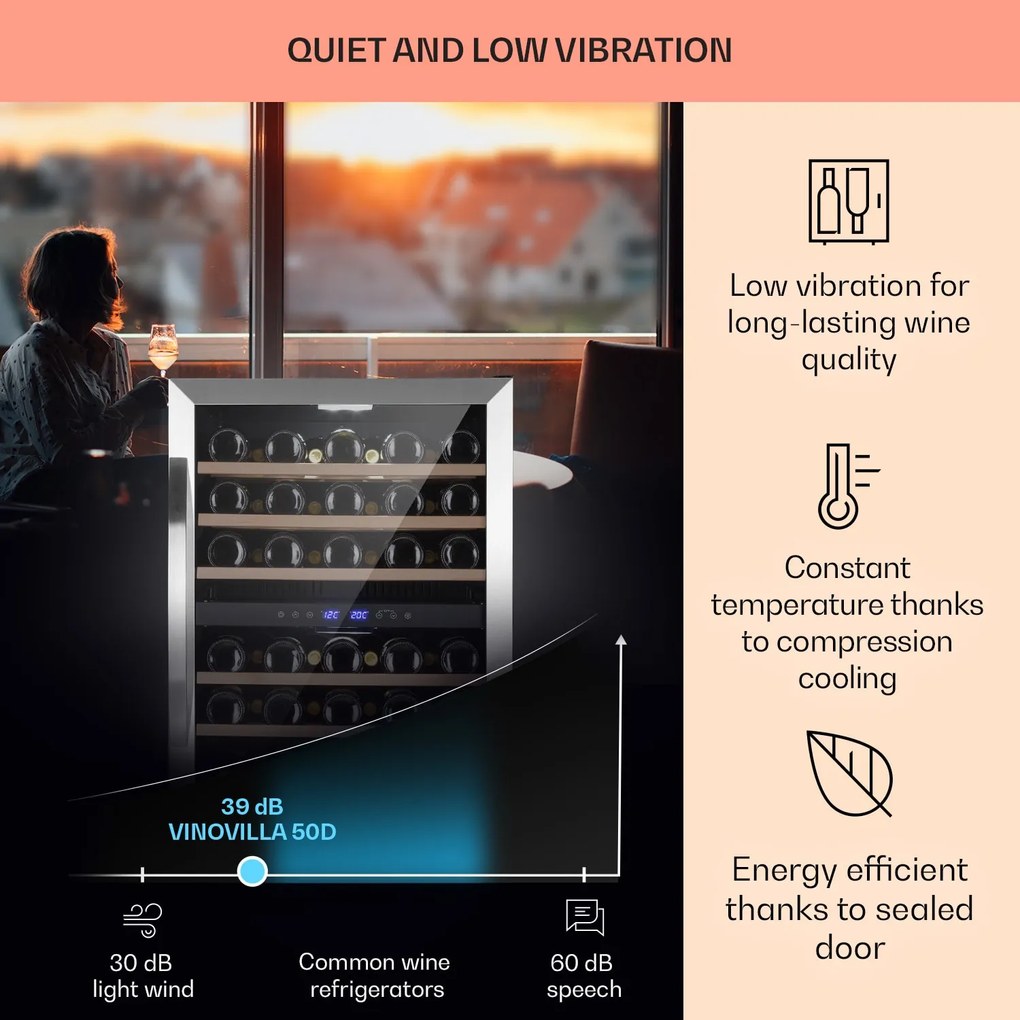 Klarstein Vinovilla 50 Duo, dvojzónová vinotéka, 53 l, 17 fliaš, 3-farebné LED osvetlenie, sklenené dvere