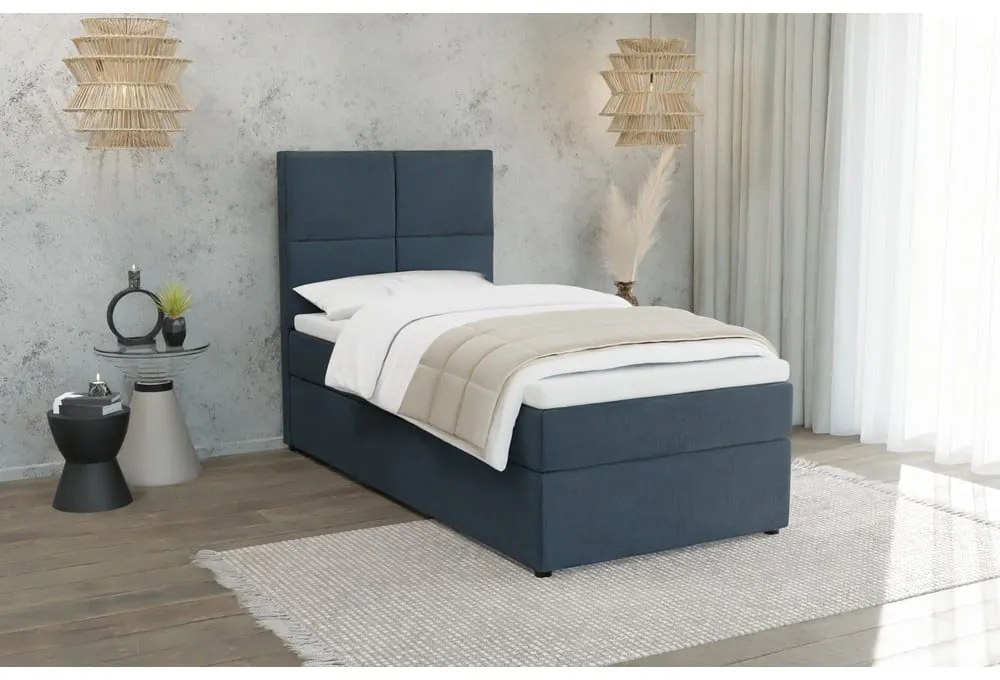 Tmavomodrá čalúnená jednolôžková posteľ s úložným priestorom s roštom 90x200 cm Lena – Ropez