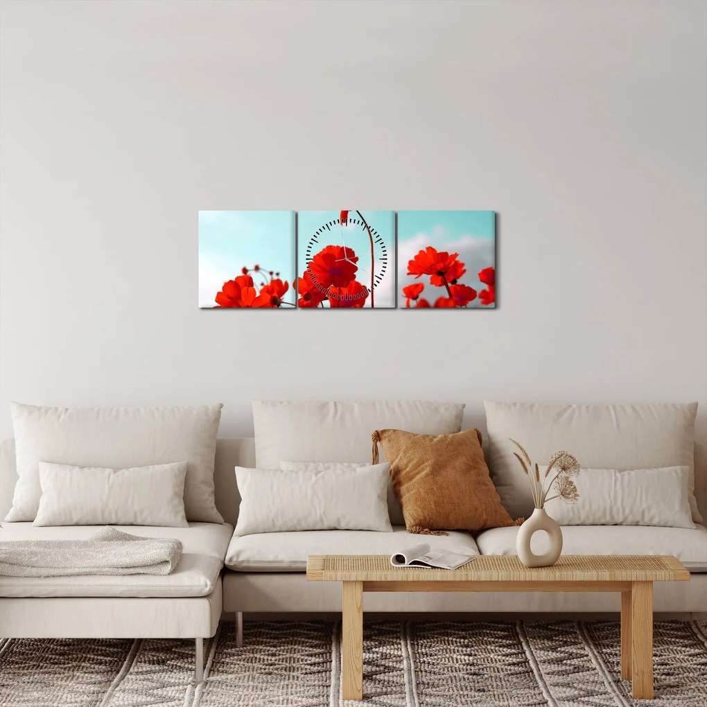 Obraz poľa s jasne červenými kvetmi (s hodinami) (90x30 cm)