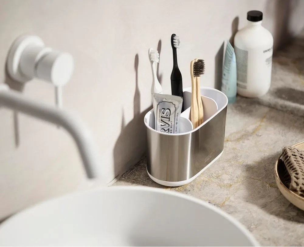 Stojan na zubné kefky z nehrdzavejúcej ocele v striebornej farbe Duo Steel – Joseph Joseph