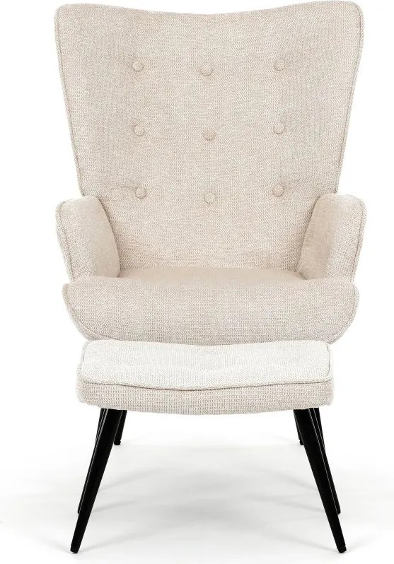 Relaxačné kreslo ušiak s taburetom ROYAL II — kov, látka, krémová