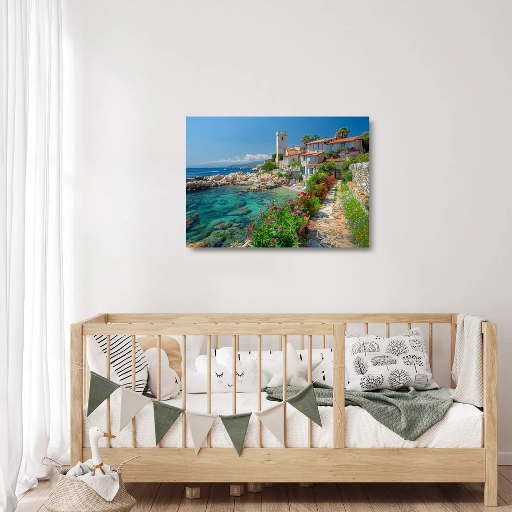 Sklenený obraz - Malebné pobrežie dediny (70x50 cm)