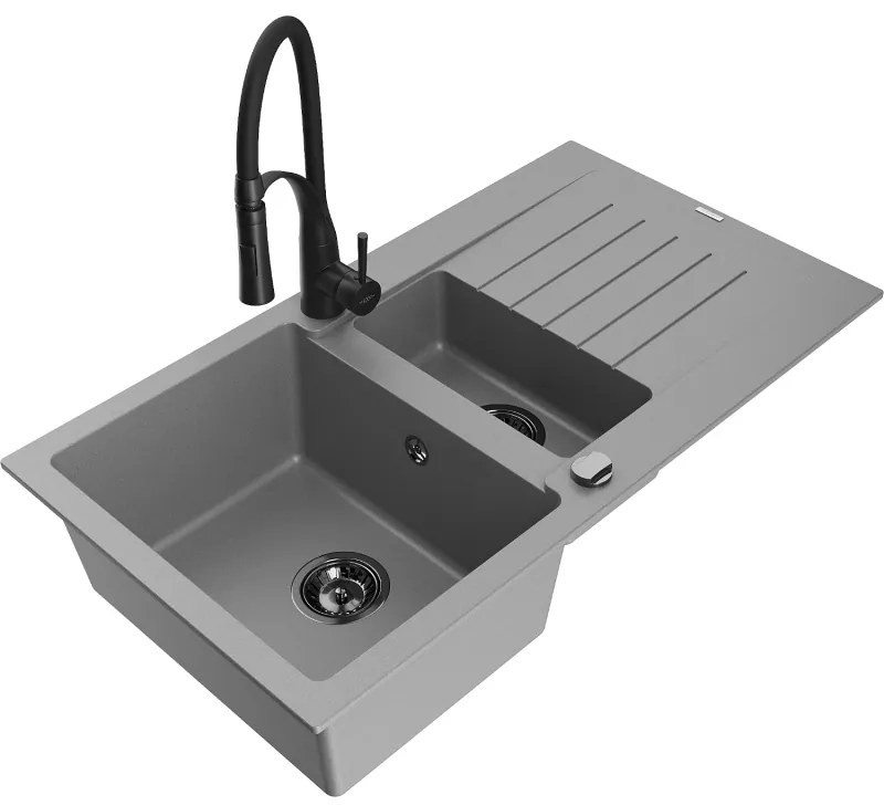 Mexen Matias, granitový drez 900x505x200 mm, 1,5-komorový a drezová batéria Aster, šedá, 6502-71-73450-70-B