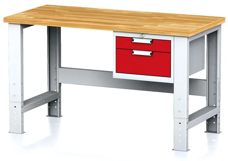 Nastaviteľný dielenský stôl MECHANIC I, závesný box na náradie, 2 zásuvky, 1500x685x700-1055 mm, červené dvere