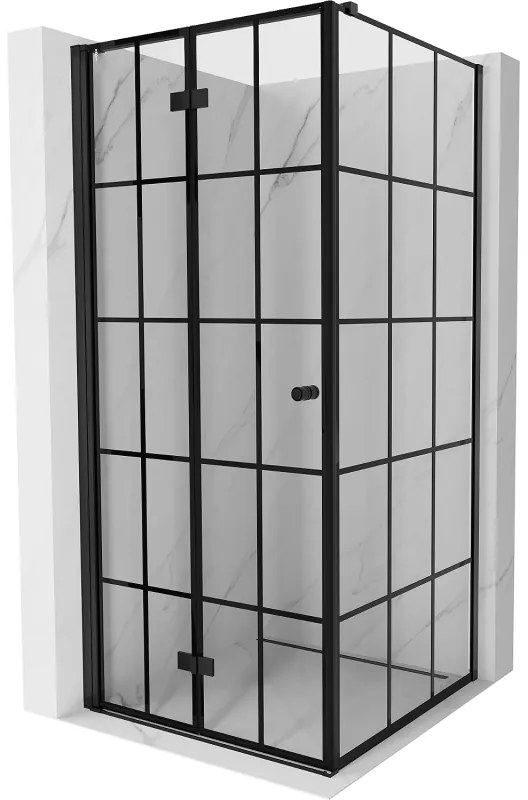 Mexen Mist-F T, 1-krídlový skladací sprchový kút ľavý 90 x 90 cm, číre sklo-čierna mriežka, 8A6T-090-090-70-77-L