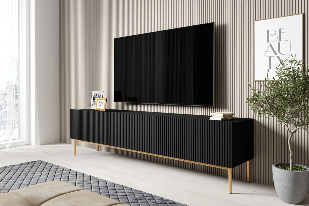 TV skrinka Nicole 200 cm - čierny mat / zlatá