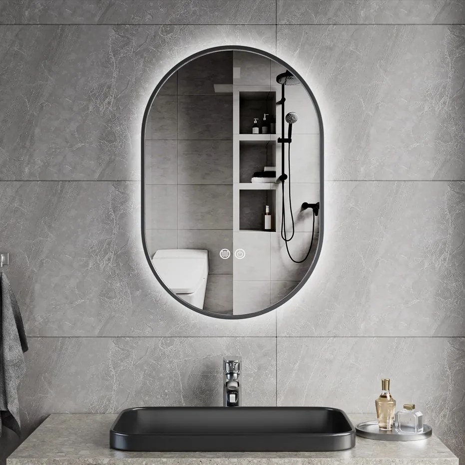 Erga Freya, oválne LED zrkadlo 40x60cm v čiernom kovovom ráme, 3 farby svetla, zadné osvetlenie, vyhrievacia podložka proti zapareniu, ERG-V01-FREYA-4060-BK