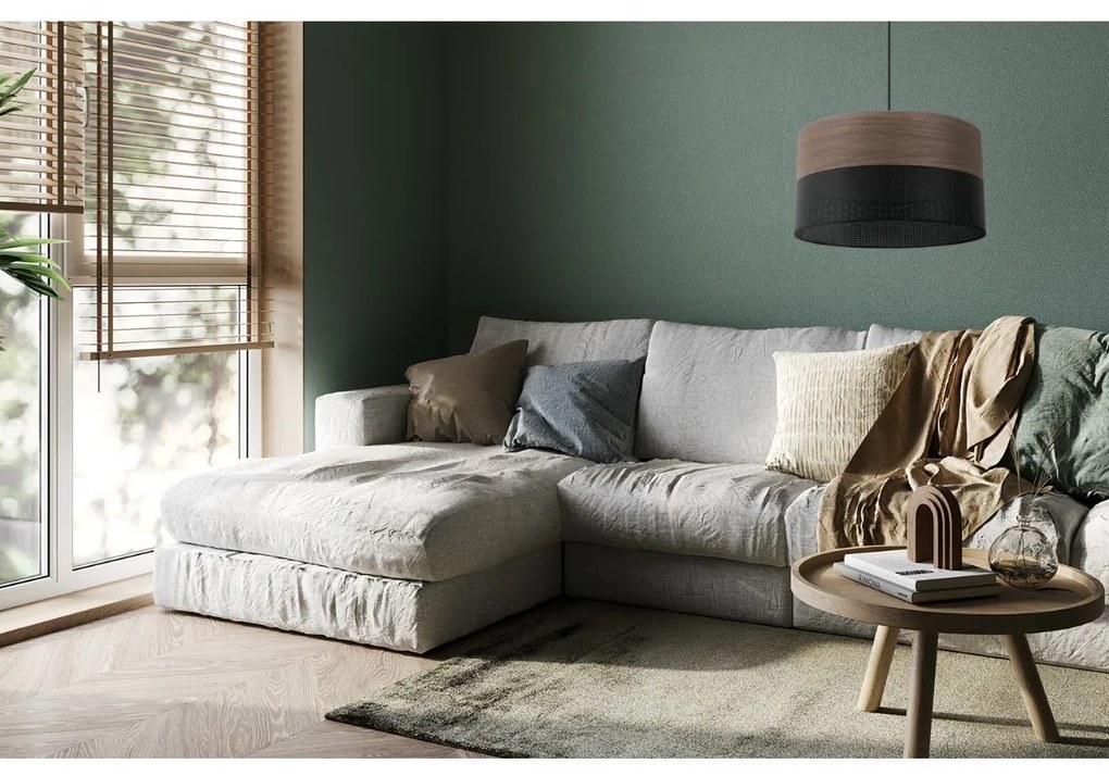 Závesné svietidlo Wood, 1x hnedá orechová dýha/čierne PVC tienidlo, (fi 35cm)