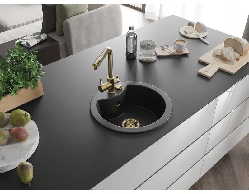 Mexen Diego, 1-komorový granitový drez 488x488x167 mm, zlatá batéria Duero, čierna - strieborná metalíza, 6512-73-671600-50