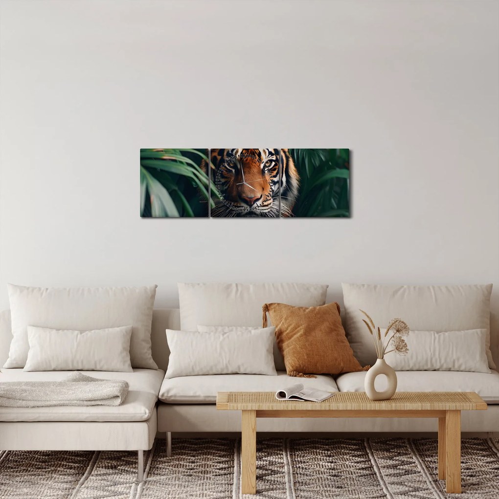 Obraz - Portrét tigra v džungli (s hodinami) (90x30 cm)