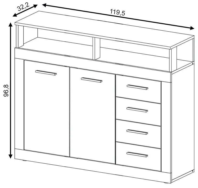 Komoda Luna 119 cm dub Matera tmavý/šedá