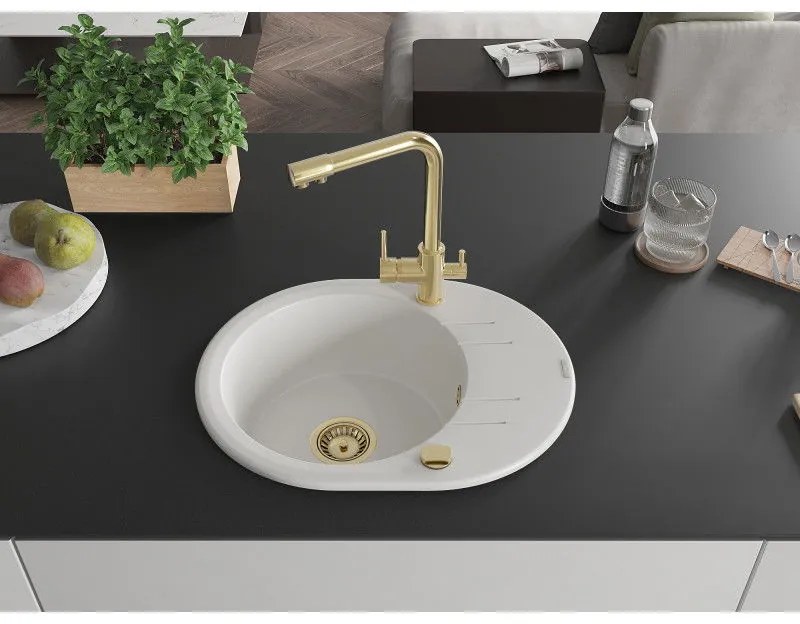 Mexen Kevin, drez granitový 586x458x190 mm, 1-komorový a zlatá Duero batéria, biela, 6517-20-671600-50