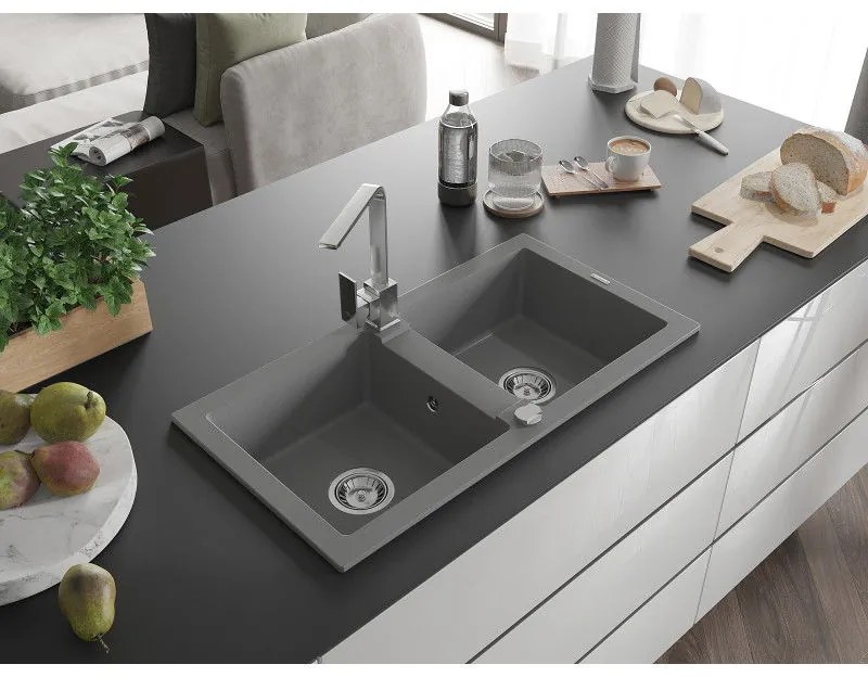 Mexen Mario, granitový drez 820x436x161 mm, 2-komorový, šedá s chrómovým sifónom a chrómová drezová batéria Rita, 6504-71-670300-00