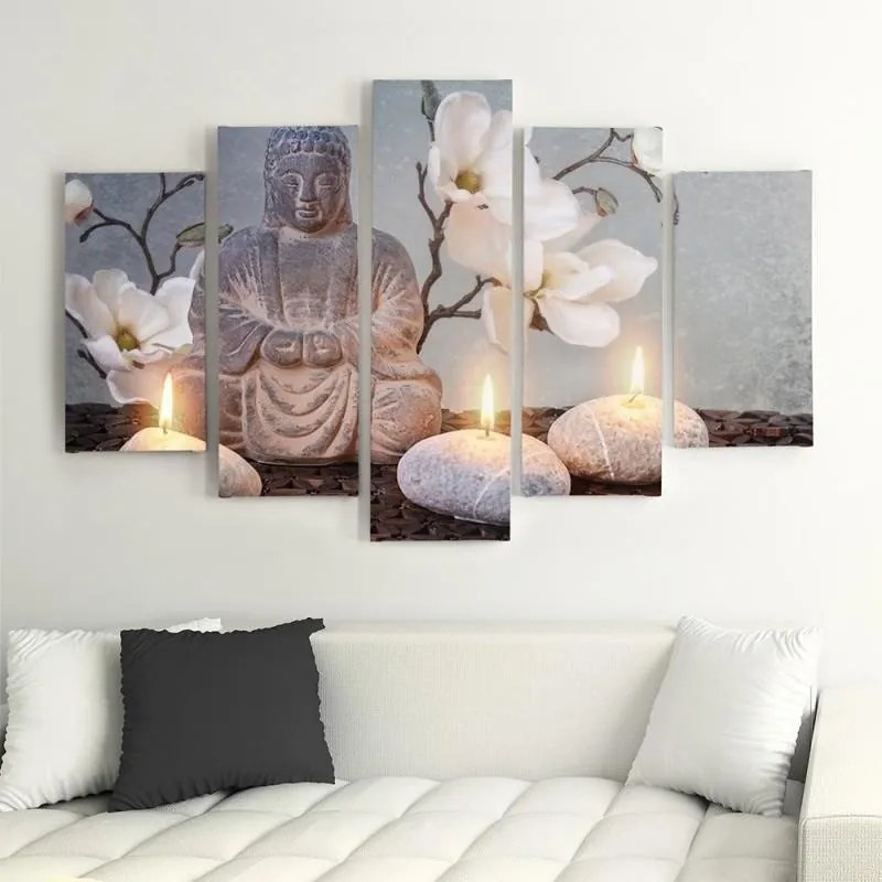 Obraz na plátně pětidílný Buddha Grey Flowers Stone - 150x100 cm