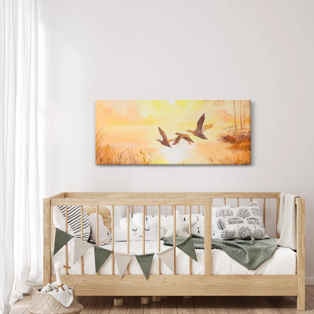 Obraz - Žeriavy pri západe slnka (120x50 cm)