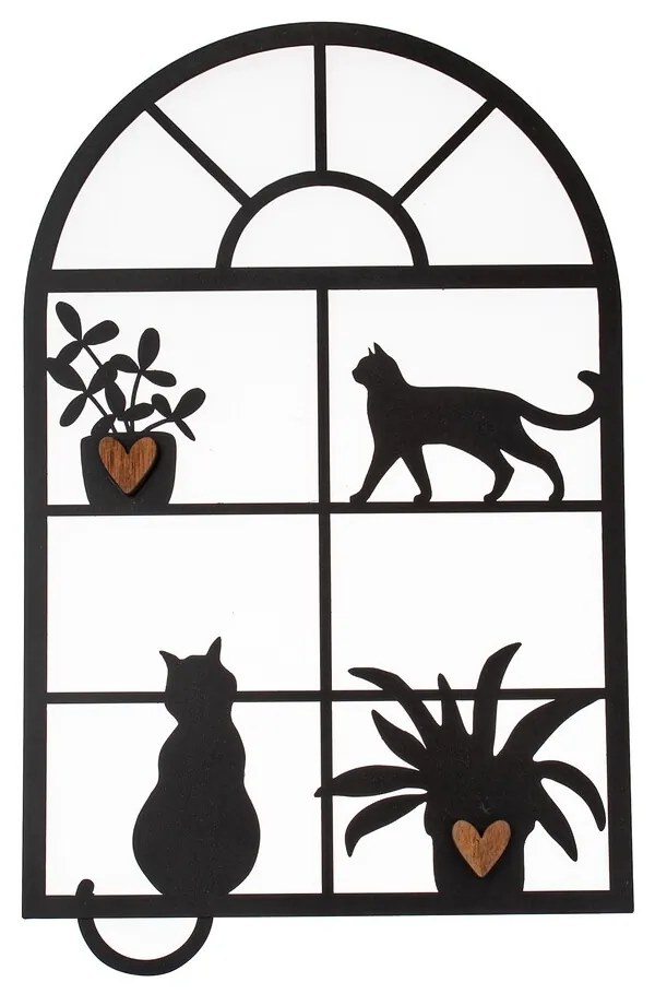 Kovová dekorácia okno s mačkami, 30 x 48 cm