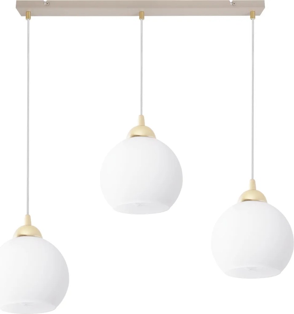 Závesné svietidlo Eliza, 3x biele sklenené tienidlo, g/be
