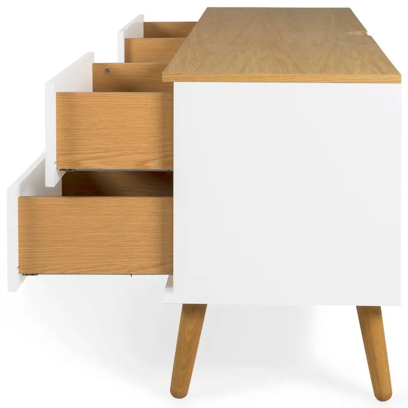 Biely TV stolík s detailmi v dekore dubového dreva Tenzo Dot, šírka 162 cm