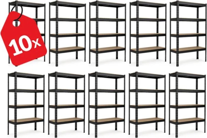 Akcia 10x Regál 180x160x50 cm profesionálny 4-policový, nosnosť 1200 kg - čierny