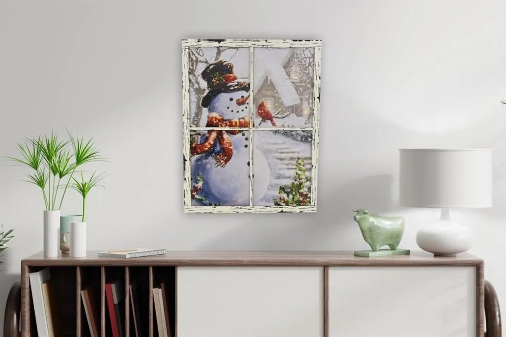 Nástenná maľba Snehuliak v okne, 3 LED diódy, 49 x 38,5 cm