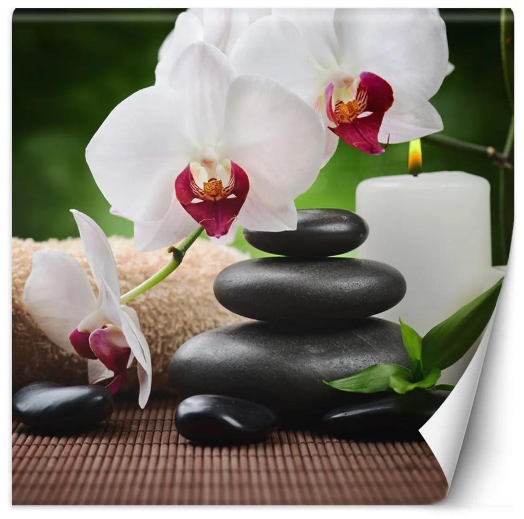 Fototapeta, Orchidejová svíčka a zenové kameny v lázních - 100x100 cm
