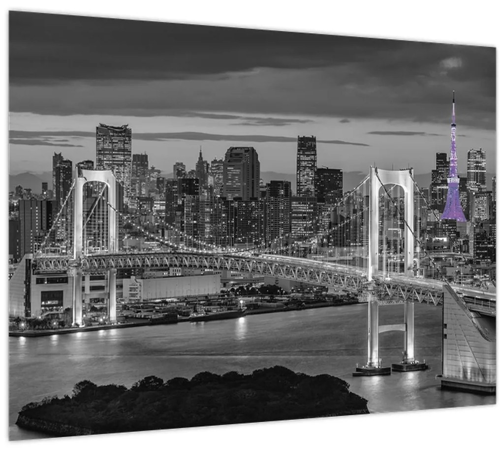 Sklenený obraz - Veľkomesto s fialovou vežou (70x50 cm)