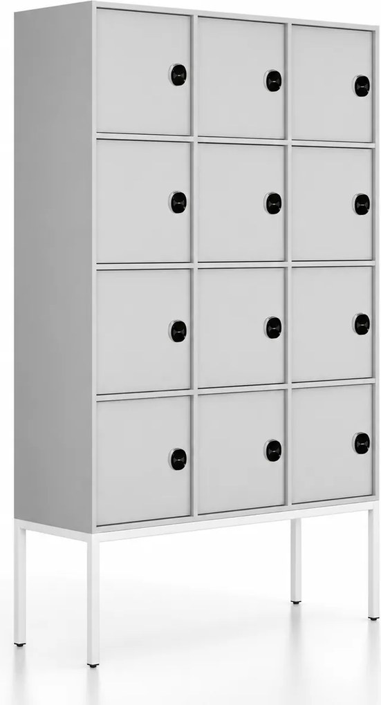 Kancelárska skriňa FRAME, biela podnož, 12x dvere, 1299 x 450 x 2185 mm, RFID zámok, sivá