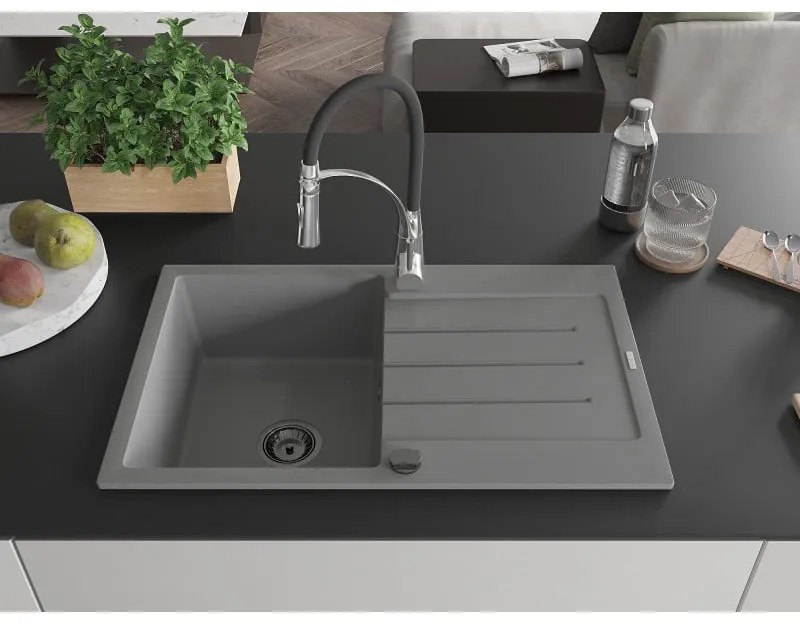 Mexen Bruno, 1-komorový granitový drez 795x495x200 mm a drezová batéria Aster, šedá, 6513-71-73450-07-B