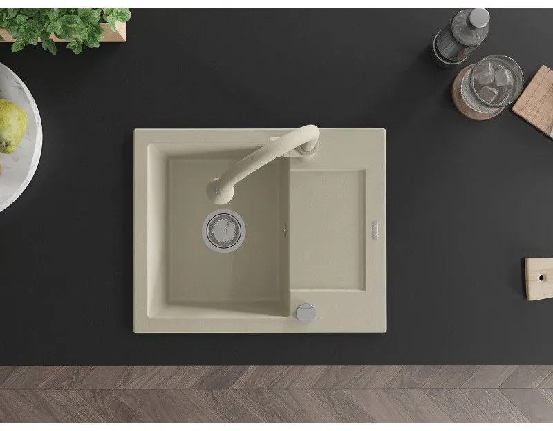 Mexen Enzo, 1-komorový granitový drez 576x465x174 mm a drezová batéria Elia, béžová, 6506-69-670101-69