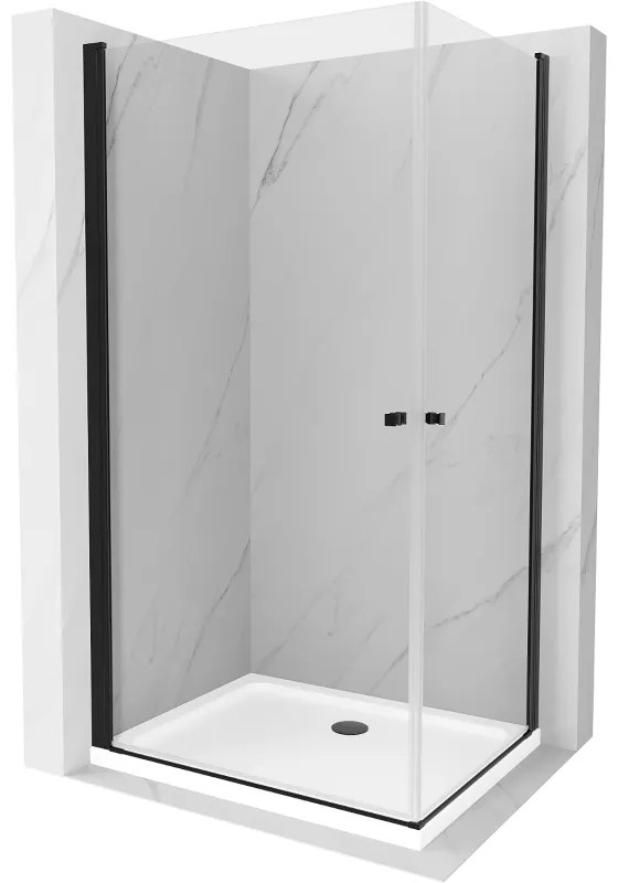 Mexen Pretoria Duo, sprchovací kút s 2-krídlovými dverami 90 (dvere) x 80 (dvere) cm, 6mm číre sklo, čierny profil + slim sprchová vanička 5cm biela s čiernym sifónom, 852-090-080-70-02-4010B