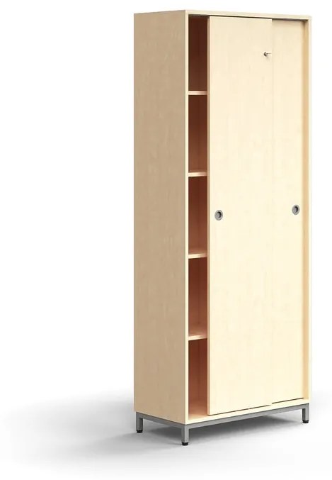 Skriňa s posuvnými dverami QBUS, 4 police, na nožičkách, s madlom, 2020x800x400 mm, strieborná, brez