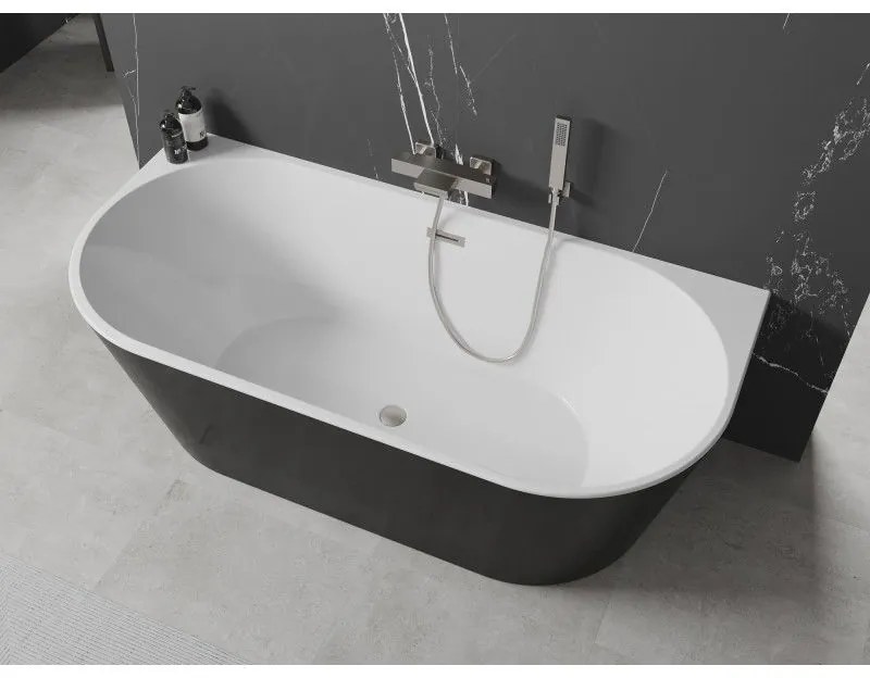 Mexen Oval, voľne stojaca nástenná vaňa 160 x 80 cm, biela-čierna, brúsená oceľ prepad, 52671608075-97