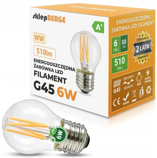 BERGE LED žiarovka - E27 - G45 - 6W - 510Lm - filament - teplá biela