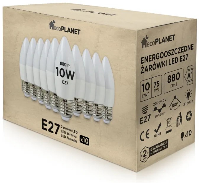 10x LED žiarovka - ecoPLANET - E27 - 10W - sviečka - 880Lm - teplá biela