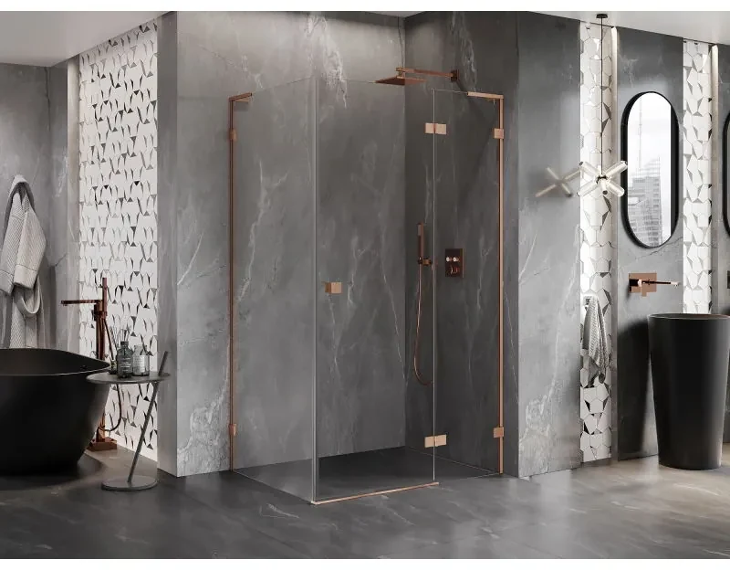 Mexen Lunar, L pravostranný výklopný sprchový kút 75 x 70 cm, 8mm číre sklo, profil medená matná, 834L-075-070-65-00-P