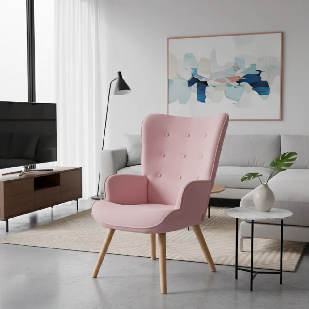 Kreslo ušiak CORDU + taburet — masív, látka, prírodná / ružová