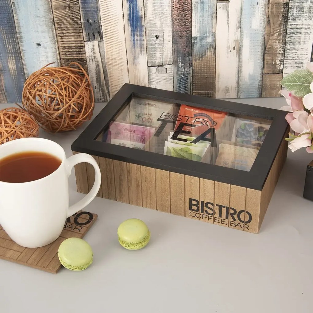 Škatuľka na čaj, čajový organizér so 6 priehradkami, drevo BISTRO