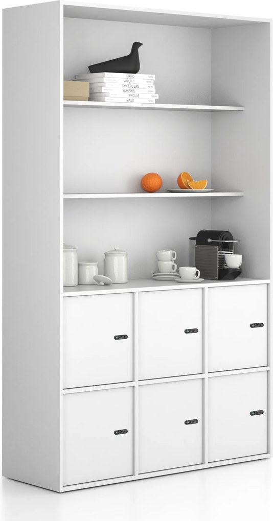 Kancelárska skriňa FRAME, 6x dvere, 2x polica, 1299 x 450 x 2162 mm, mechanický kódový zámok, biela