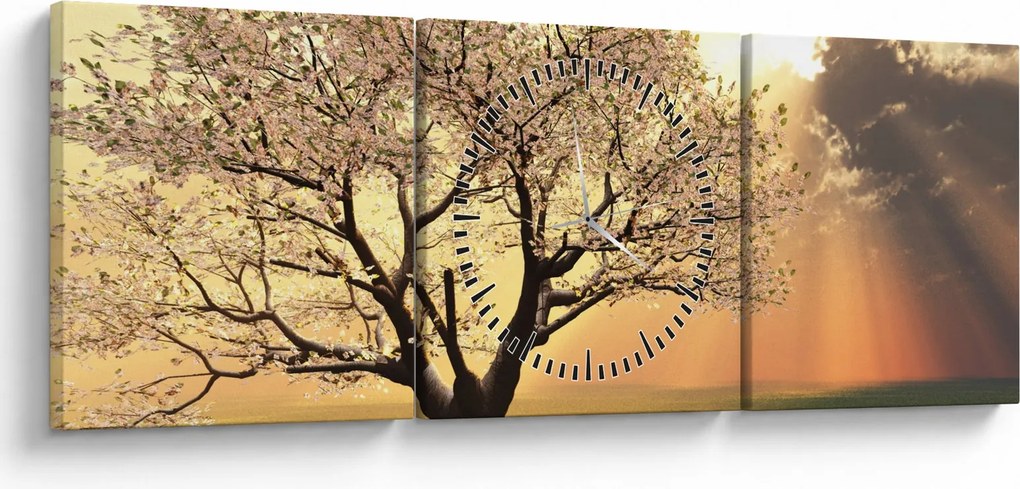 Obraz stromu na lúke (s hodinami) (90x30 cm)