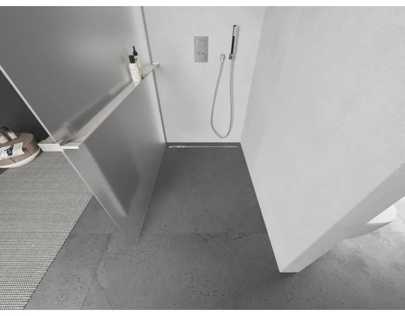 Mexen Kioto+, sprchová zástena Walk-In s poličkou a vešiakom 70 x 200 cm, 8mm sklo námraza, brúsená oceľ profil, 800-070-121-97-30