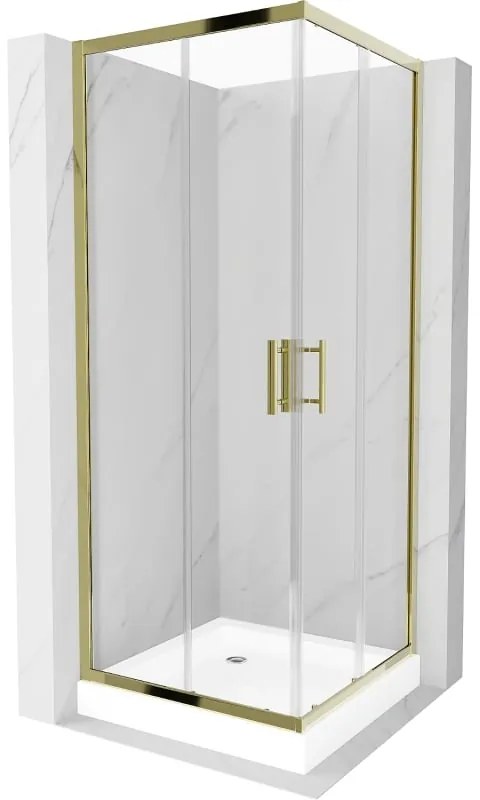 Mexen Rio, štvorcový sprchovací kút s posuvnými dverami 70(dvere) x 70(dvere) x 190 cm, 6mm číre sklo, zlatý profil + Rio sprchová vanička s chrómovým sifónom, 860-070-070-50-00-4510