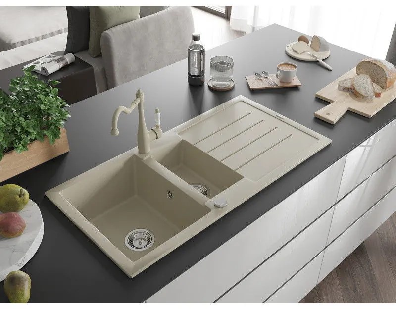 Mexen Andres, granitový drez 1000x500x200 mm, 1,5-komorový a drezová batéria Carla, béžová, 6515-69-670700-69