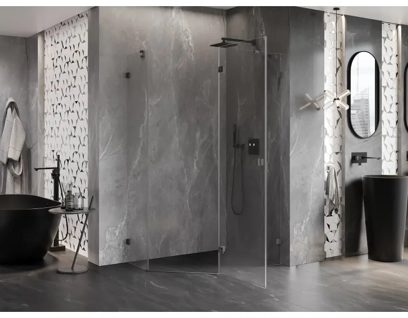 Mexen Lunar, pravý výklopný päťuholníkový sprchový kút 90 x 80 cm, 8mm číre sklo, grafitový profil, 831-090P-080L-95-00-P