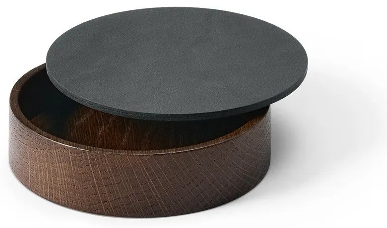 Antracitový/hnedý drevený/z eko kože úložný box s vekom/dekoratívny ø 11x3,5 cm Circle Nupo – LIND DNA