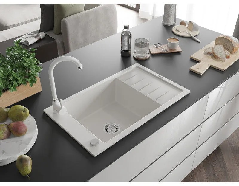 Mexen Elias, 1-komorový granitový drez s odkvapkávačom 80x48 cm a kuchynskou batériou Telma, biela, 6511-20-670200-20