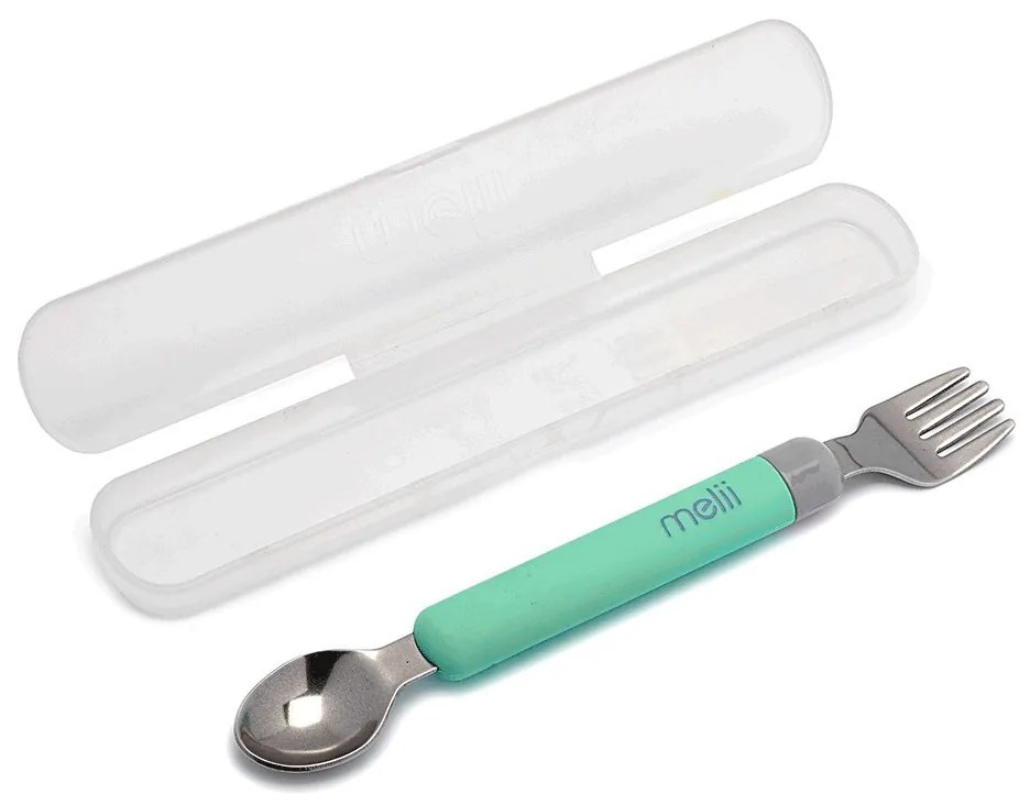 Detská vidlička a lyžička s puzdrom - sivá/mätová