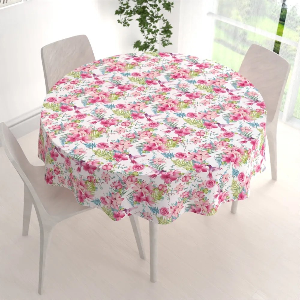 Biante Bavlnený okrúhly obrus Sandra SA-493 Kolibríky s ružovými kvetmi na bielom Ø 70 cm
