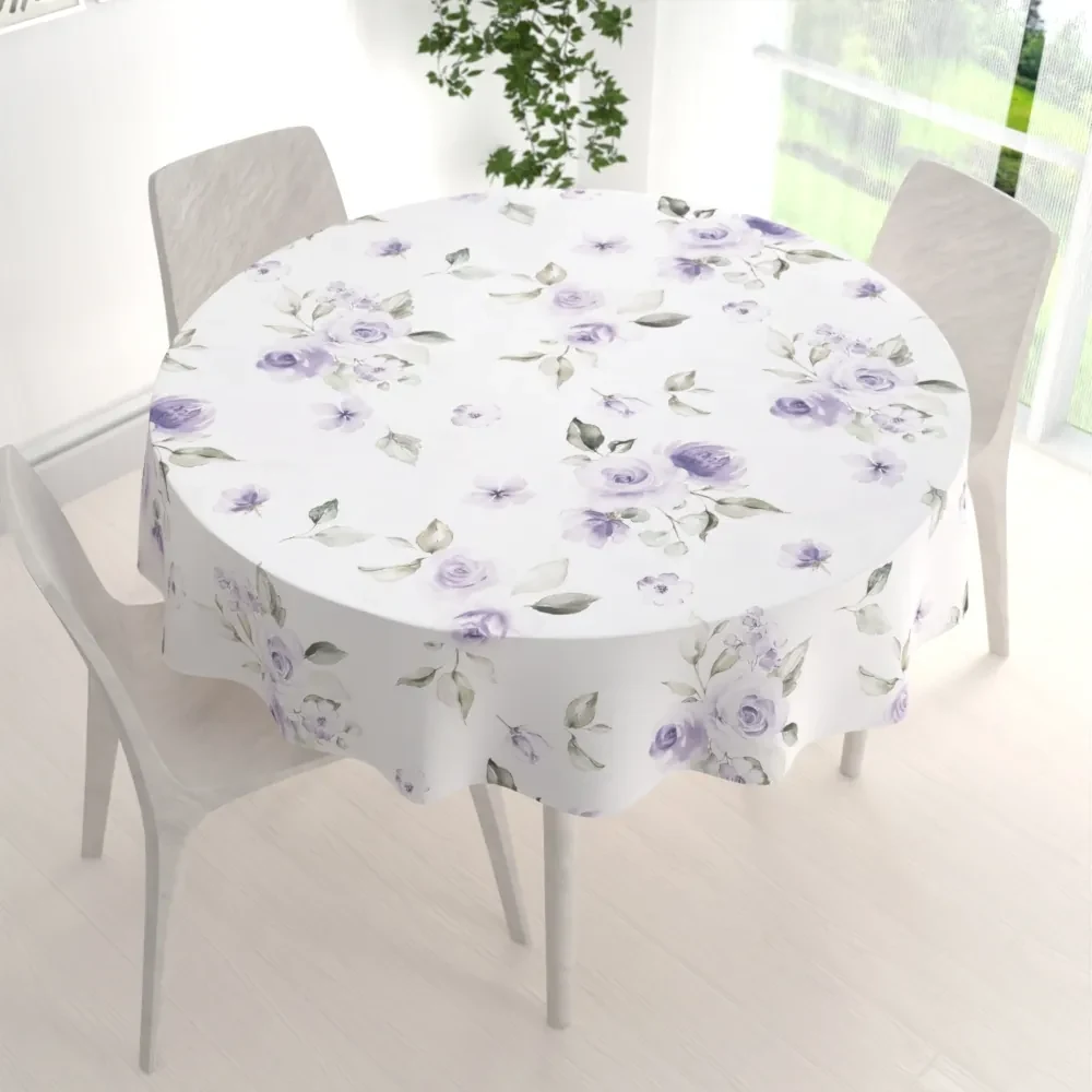 Biante Teflónový okrúhly obrus TF-024 Fialové ruže na bielom Ø 90 cm